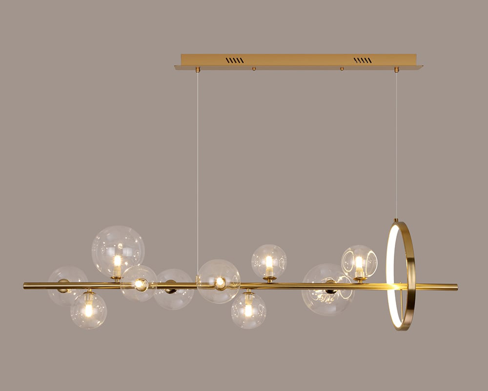 HMR Bubi Modern Linear Kitchen Island Light with Glass Globe Shade - Gold, 10-Light