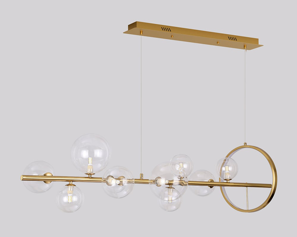 HMR Bubi Modern Linear Kitchen Island Light with Glass Globe Shade - Gold, 10-Light