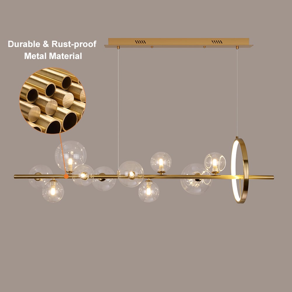 HMR Bubi Modern Linear Kitchen Island Light with Glass Globe Shade - Gold, 10-Light