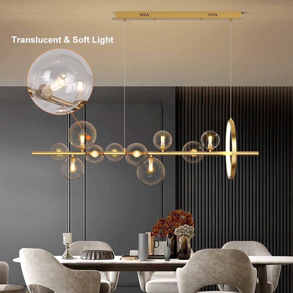 HMR Bubi Modern Linear Kitchen Island Light with Glass Globe Shade - Gold, 10-Light