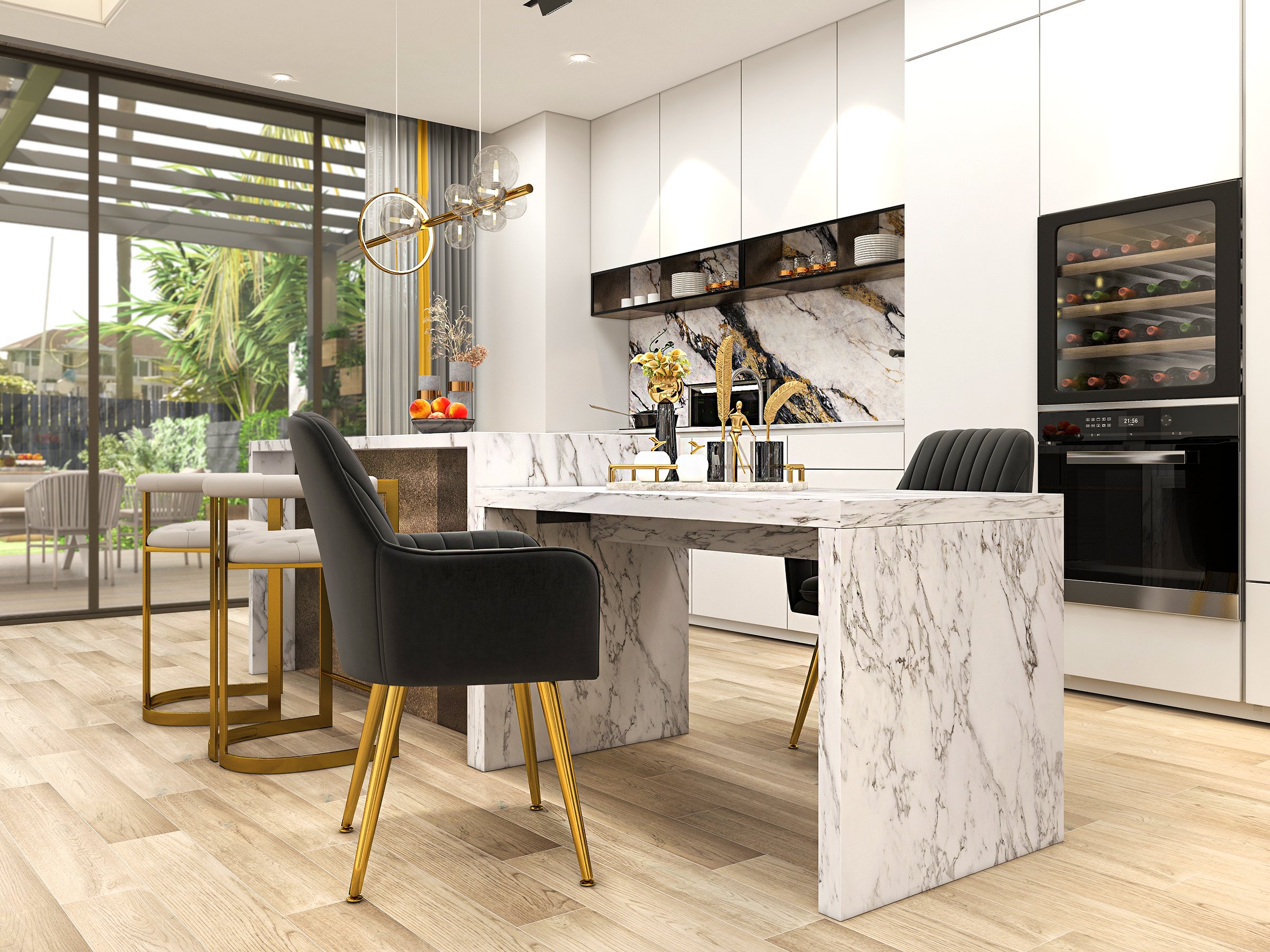 HMR Bubi Modern Linear Kitchen Island Light with Glass Globe Shade - Gold, 10-Light