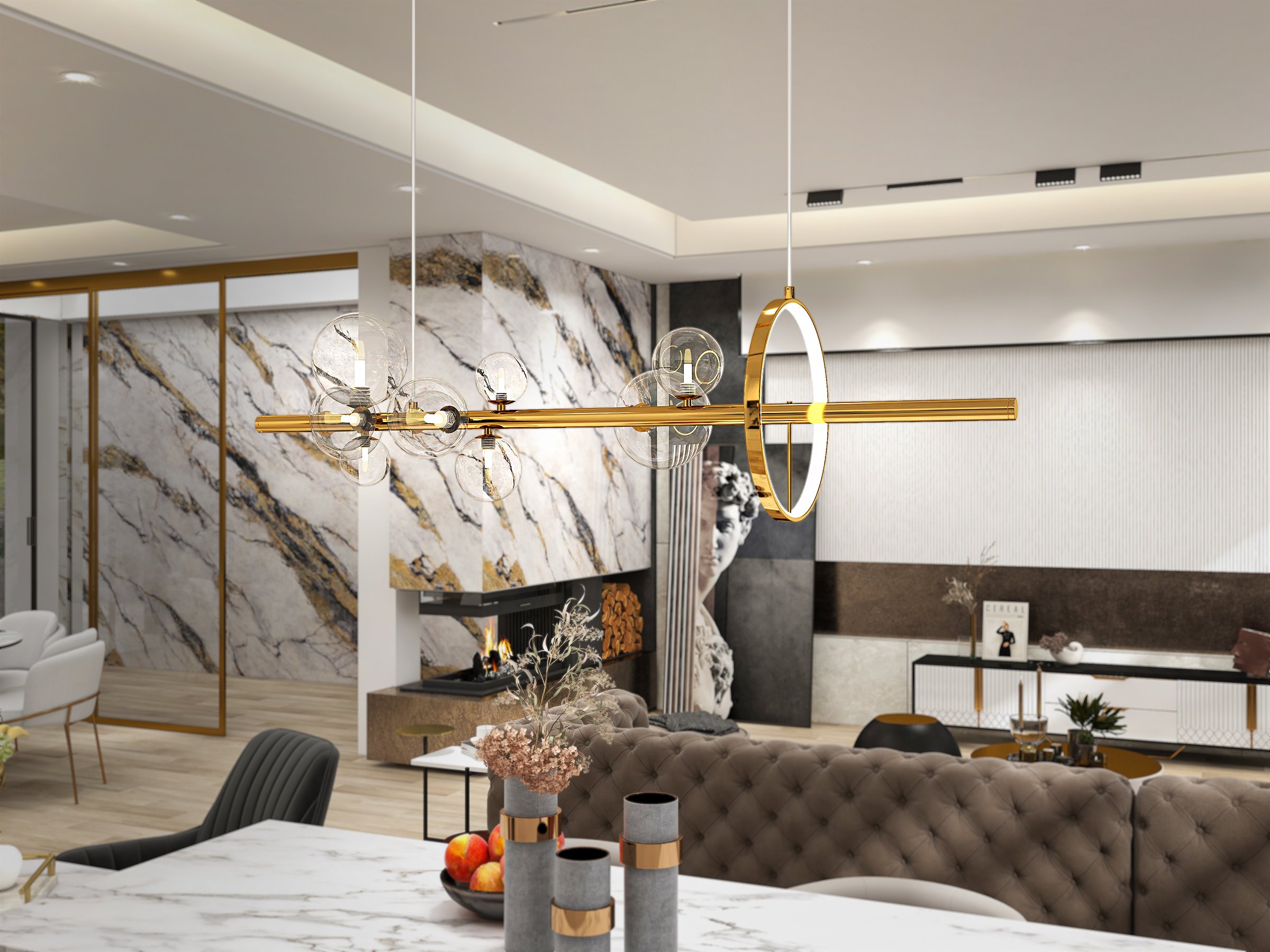 HMR Bubi Modern Linear Kitchen Island Light with Glass Globe Shade - Gold, 10-Light