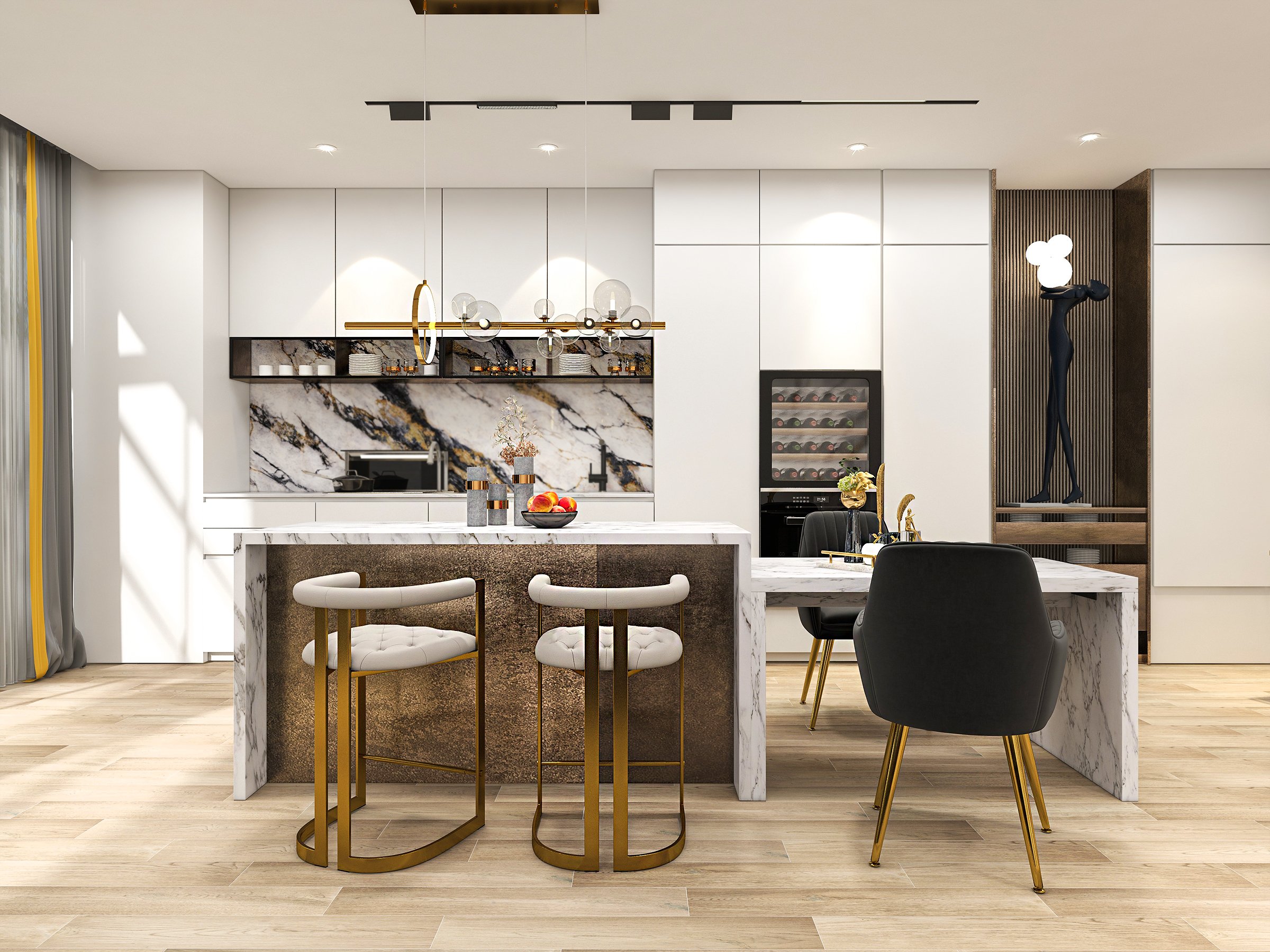 HMR Bubi Modern Linear Kitchen Island Light with Glass Globe Shade - Gold, 10-Light