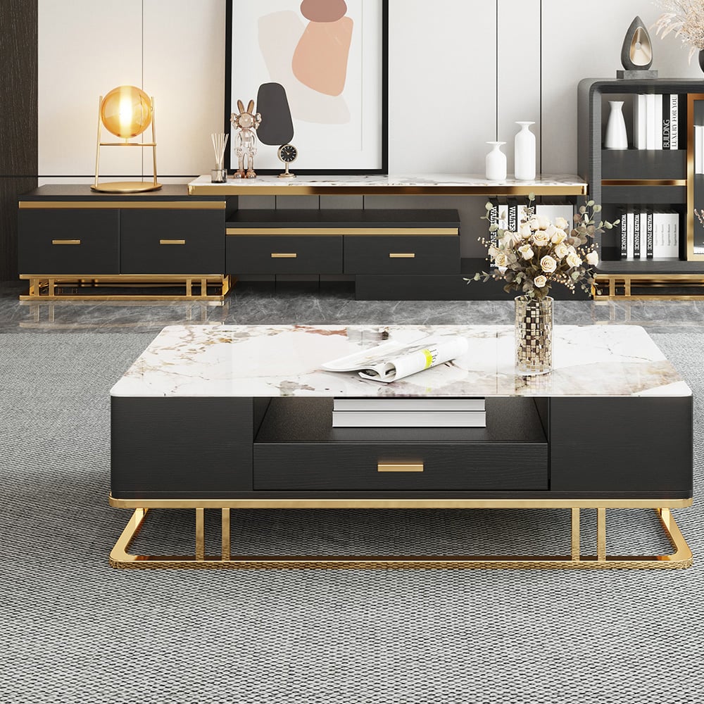HMR - Stonesk Modern TV Stand & Coffee Table Set for 100" TV in Black with Drawers