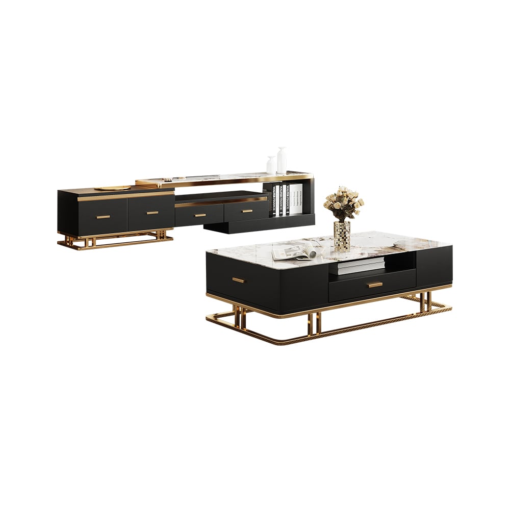 HMR - Stonesk Modern TV Stand & Coffee Table Set for 100" TV in Black with Drawers