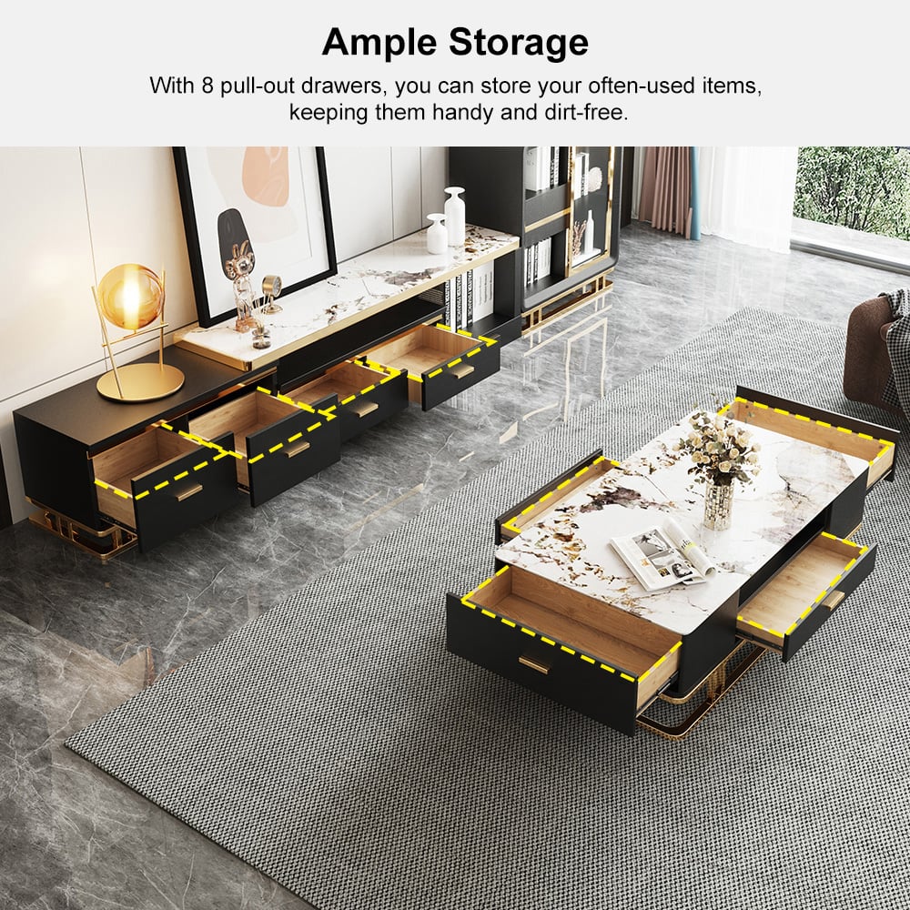 HMR - Stonesk Modern TV Stand & Coffee Table Set for 100" TV in Black with Drawers