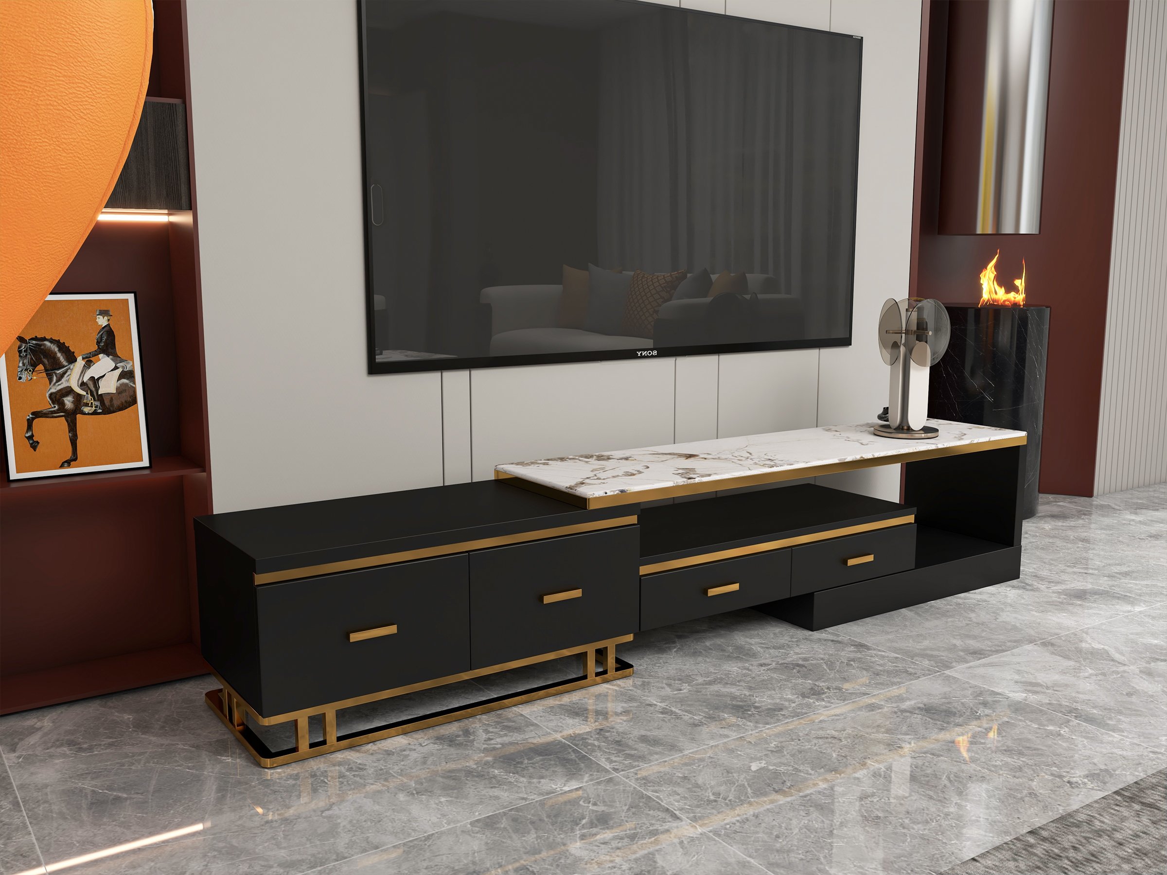 HMR - Stonesk Modern TV Stand & Coffee Table Set for 100" TV in Black with Drawers