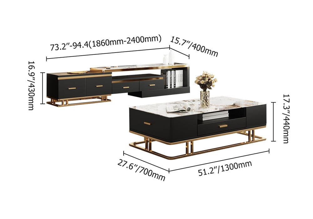 HMR - Stonesk Modern TV Stand & Coffee Table Set for 100" TV in Black with Drawers