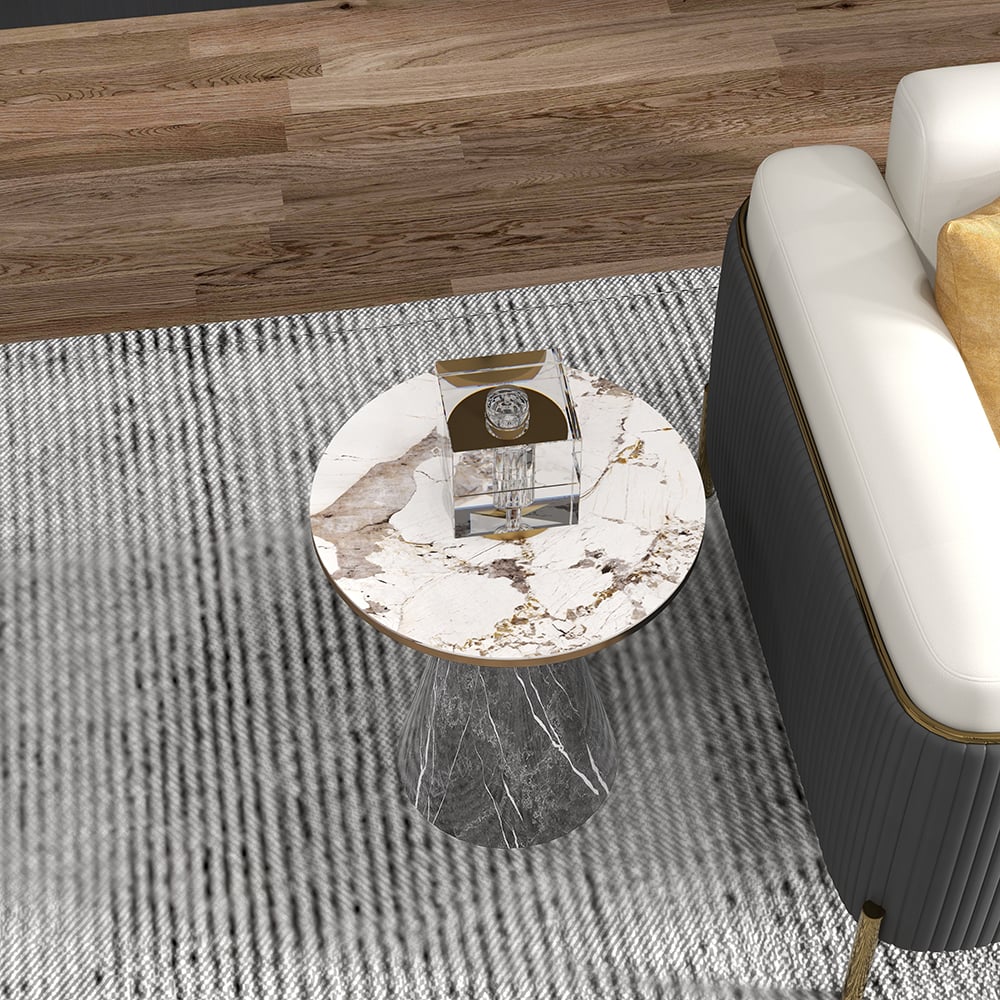 HMR - Gray & Gold Hourglass-Shape End Table with Sintered Stone Top & Stainless Steel Base