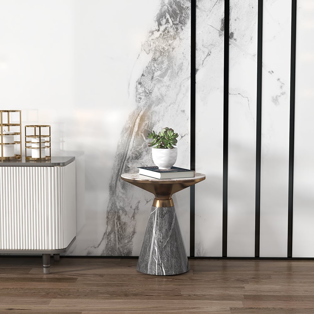 HMR - Gray & Gold Hourglass-Shape End Table with Sintered Stone Top & Stainless Steel Base