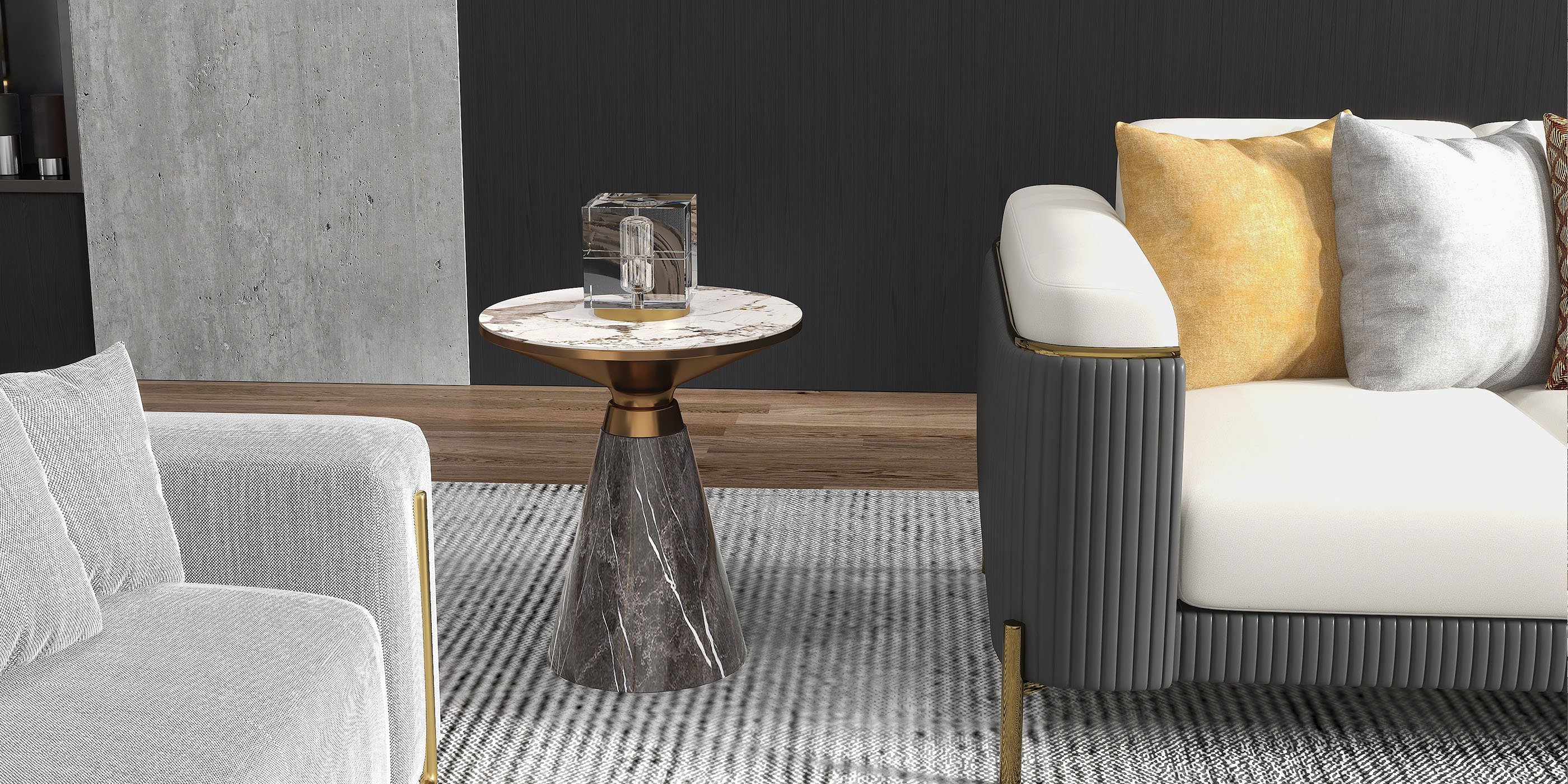 HMR - Gray & Gold Hourglass-Shape End Table with Sintered Stone Top & Stainless Steel Base