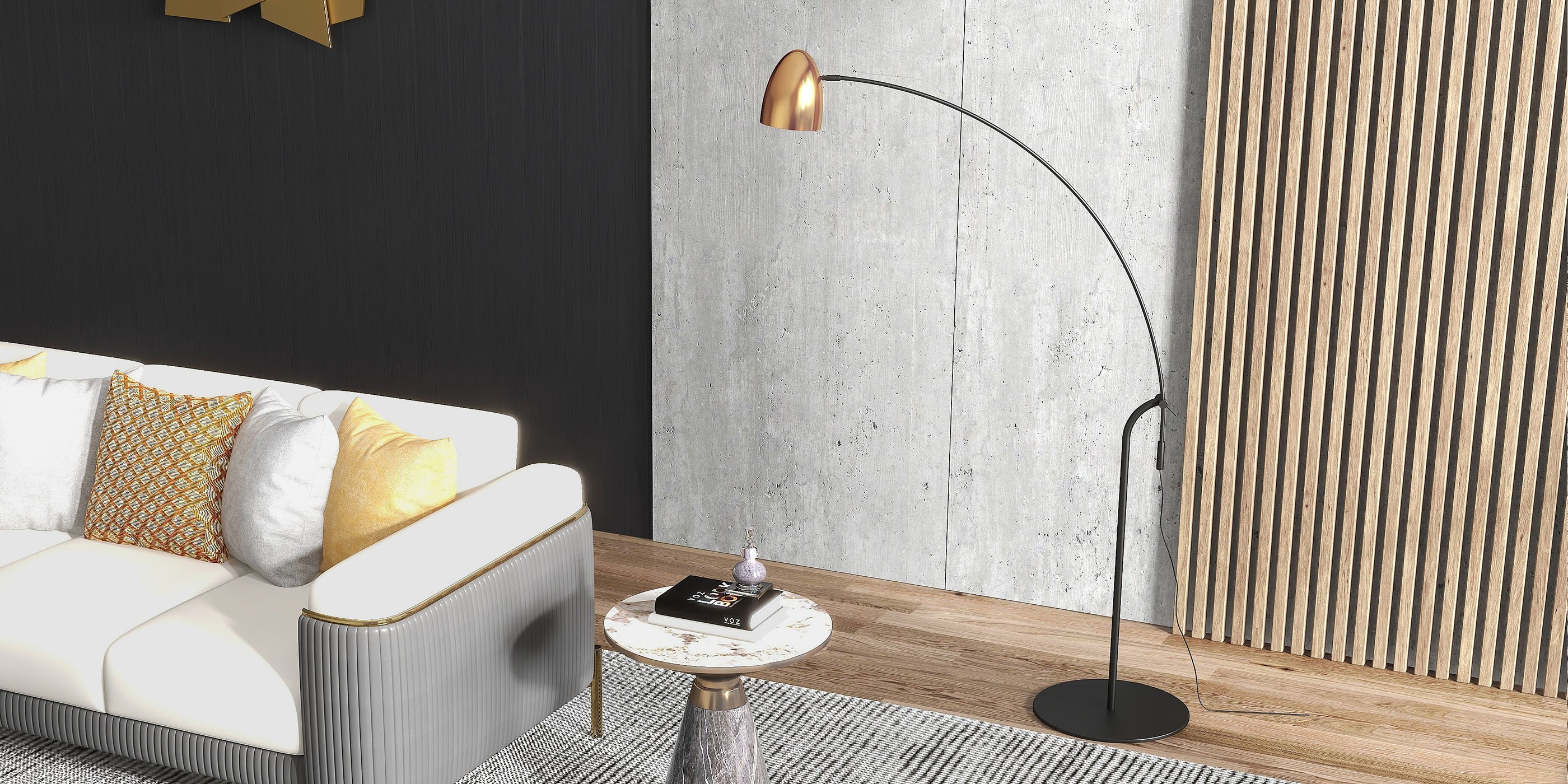 HMR - Gray & Gold Hourglass-Shape End Table with Sintered Stone Top & Stainless Steel Base