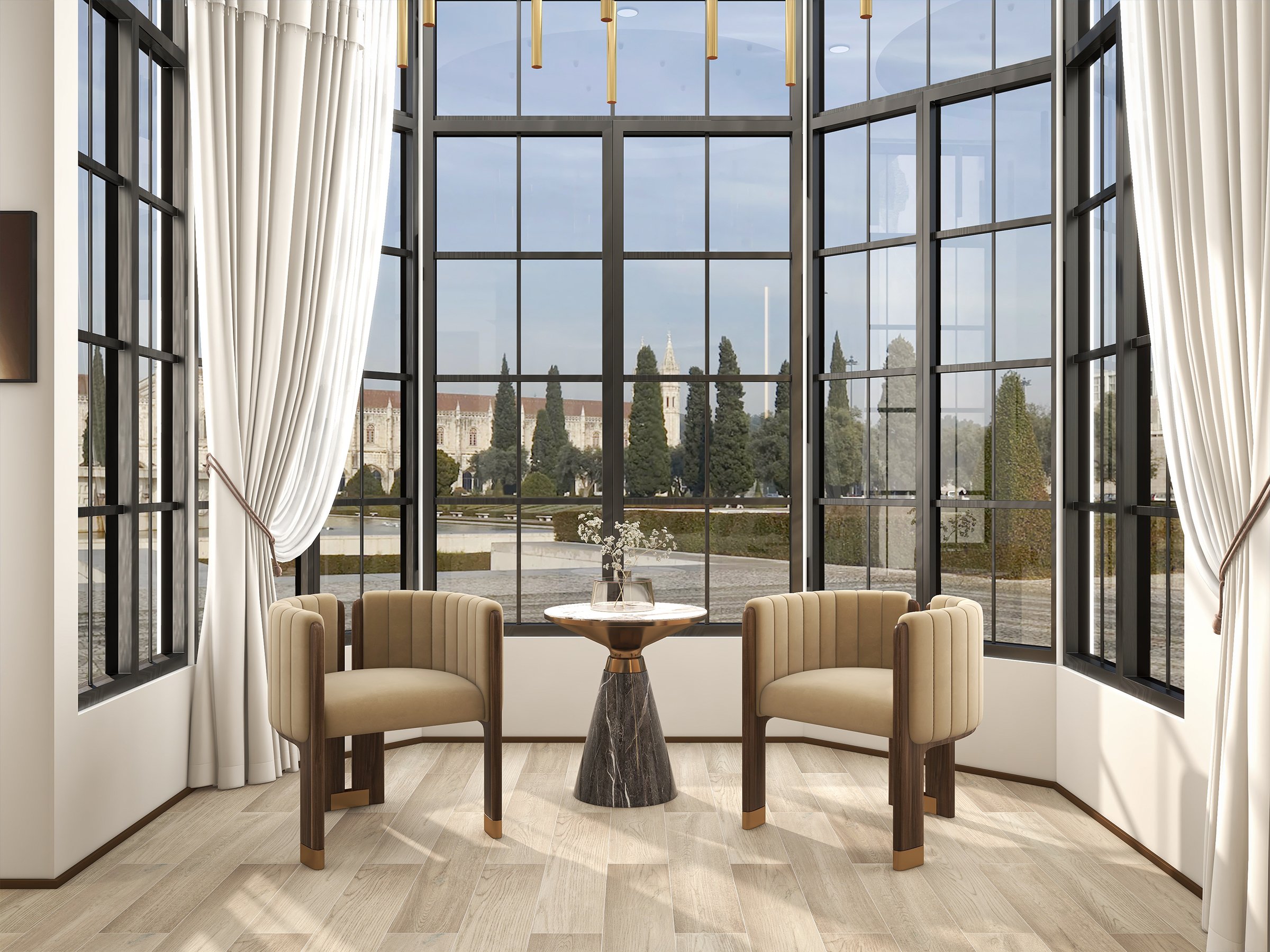 HMR - Gray & Gold Hourglass-Shape End Table with Sintered Stone Top & Stainless Steel Base