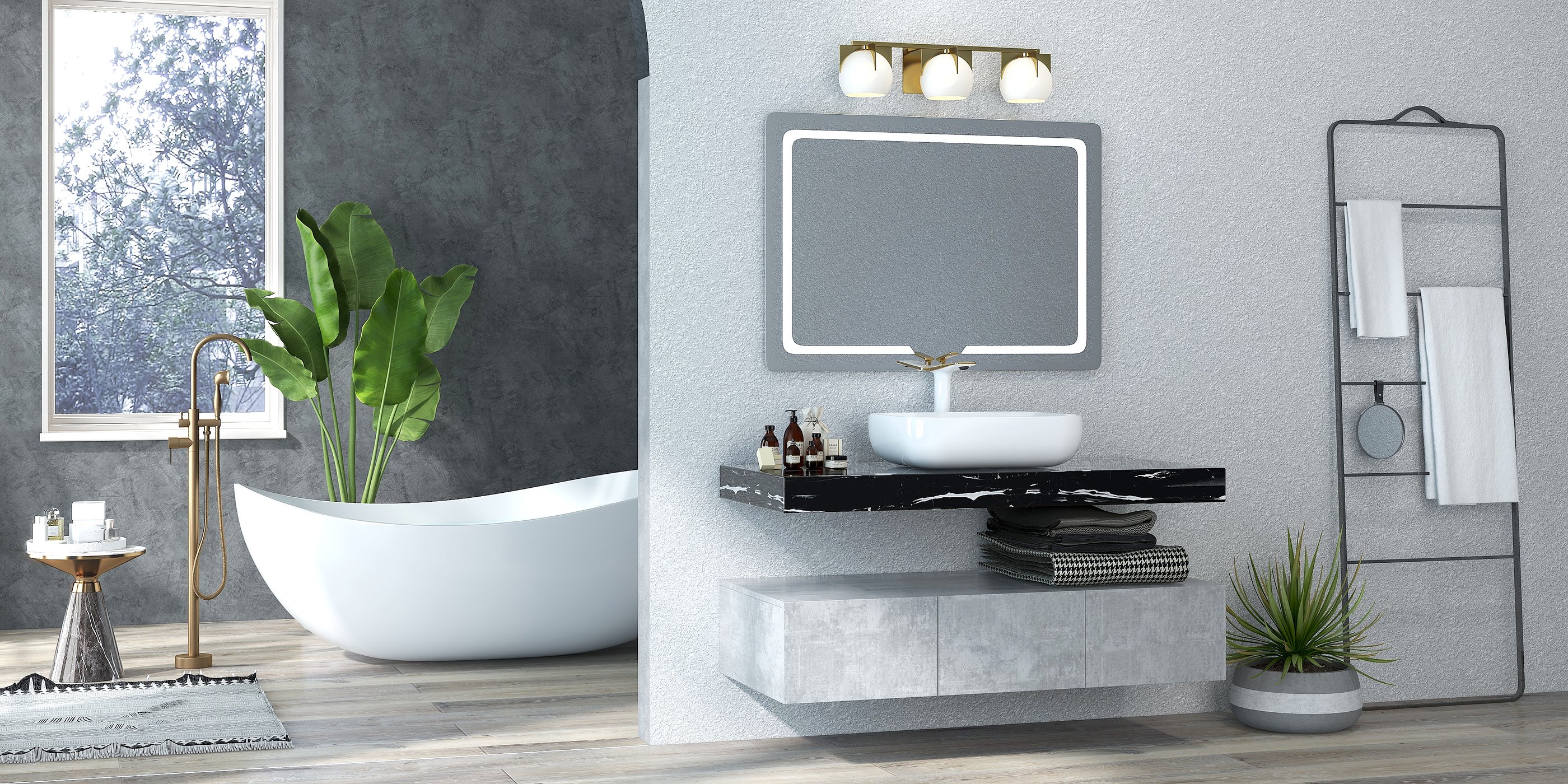 HMR - Gray & Gold Hourglass-Shape End Table with Sintered Stone Top & Stainless Steel Base