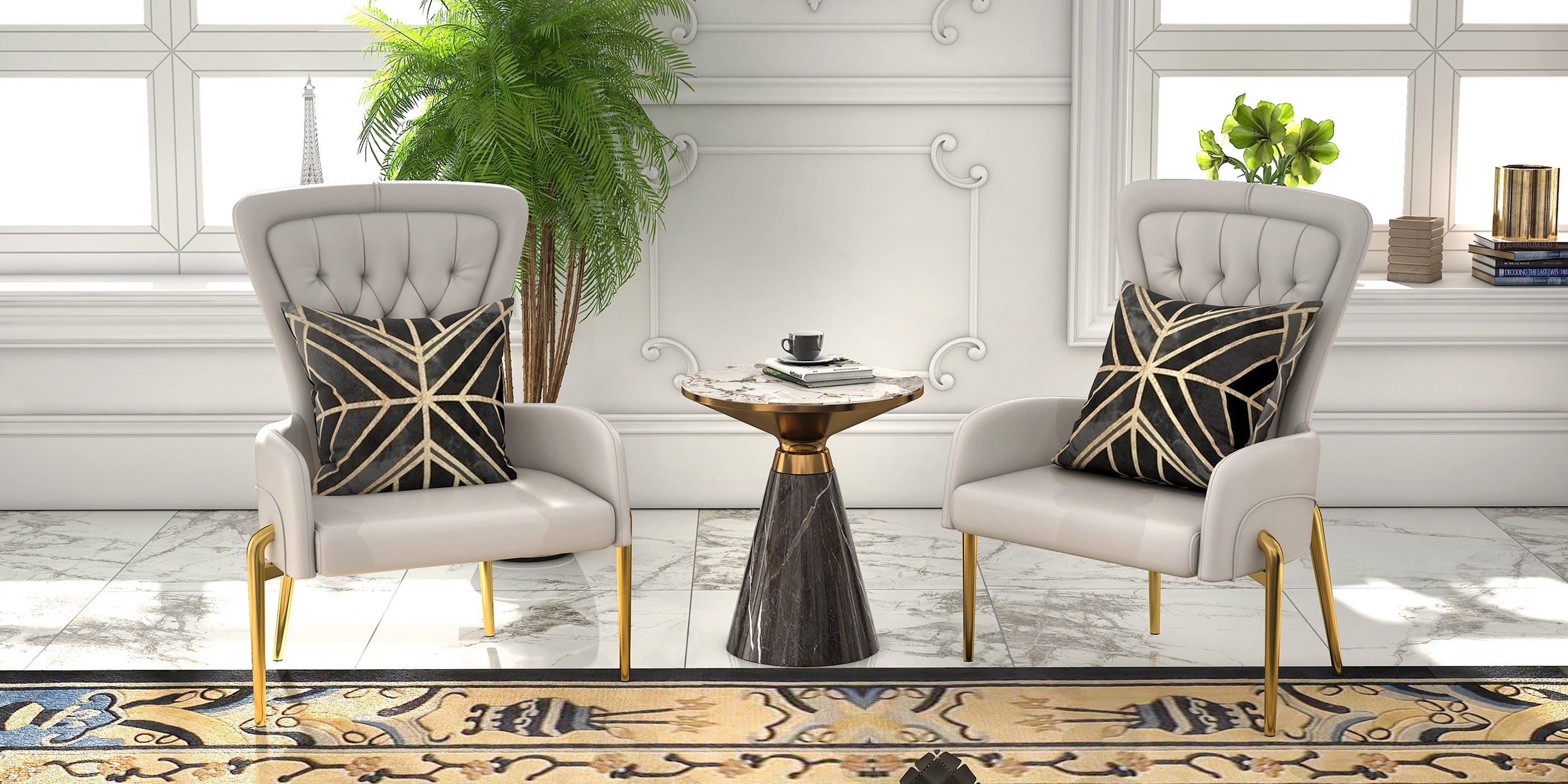 HMR - Gray & Gold Hourglass-Shape End Table with Sintered Stone Top & Stainless Steel Base