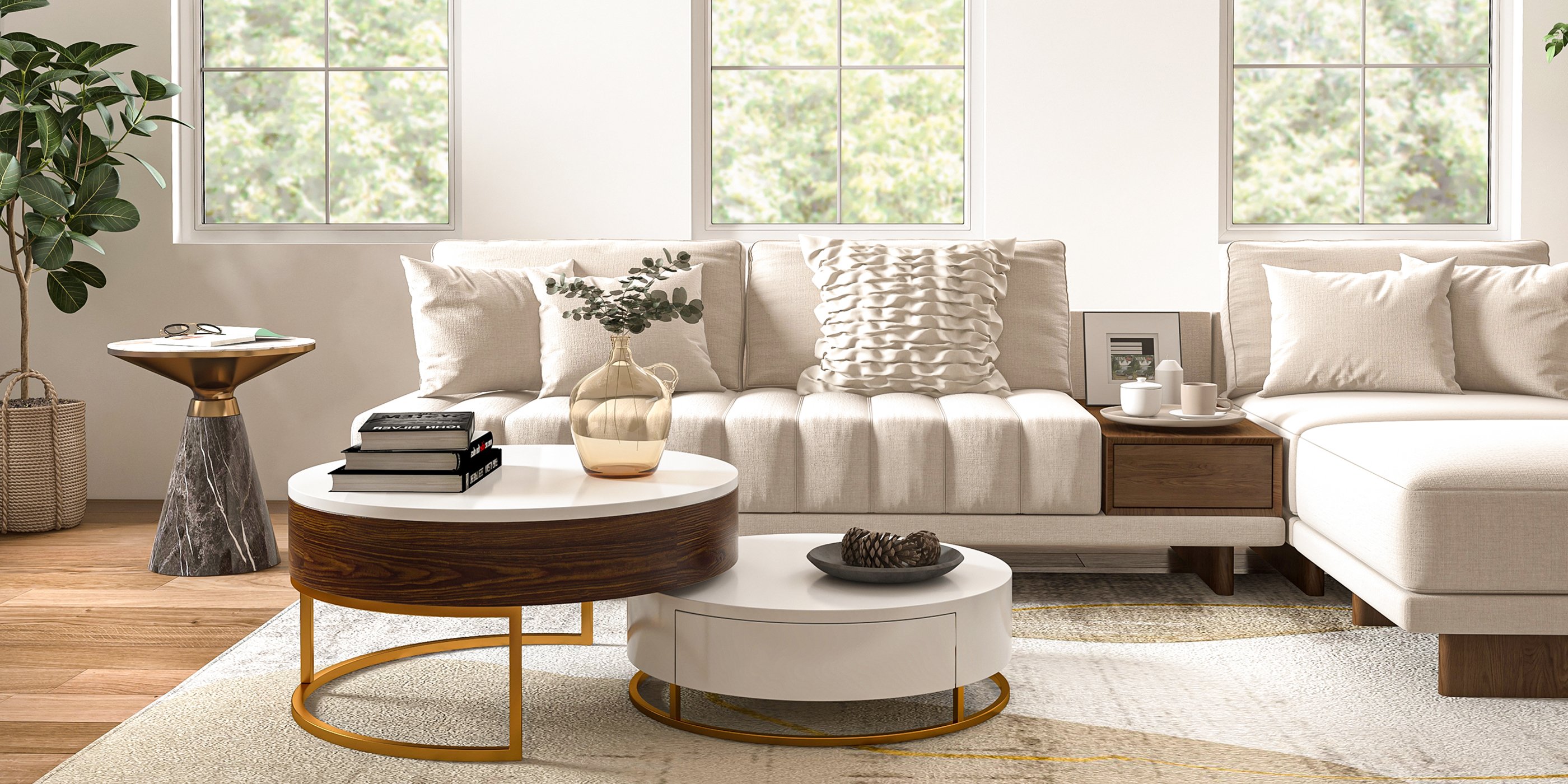HMR - Gray & Gold Hourglass-Shape End Table with Sintered Stone Top & Stainless Steel Base