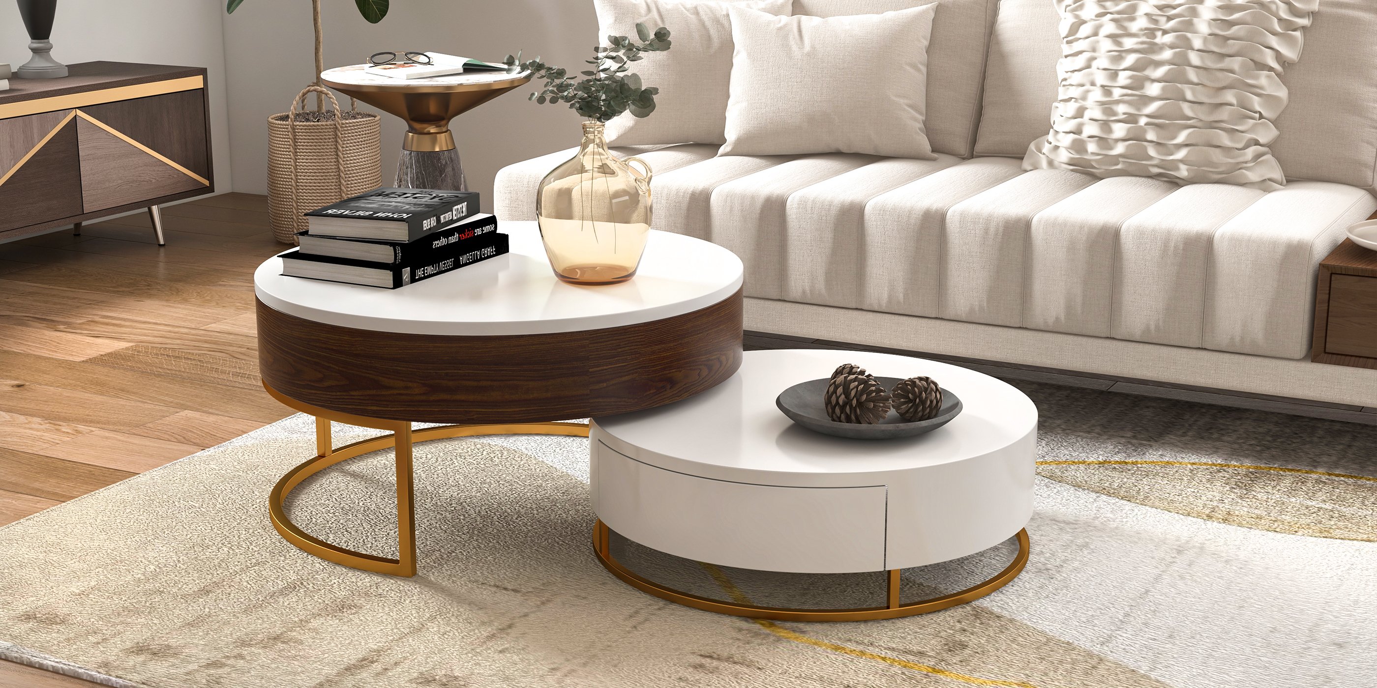 HMR - Gray & Gold Hourglass-Shape End Table with Sintered Stone Top & Stainless Steel Base