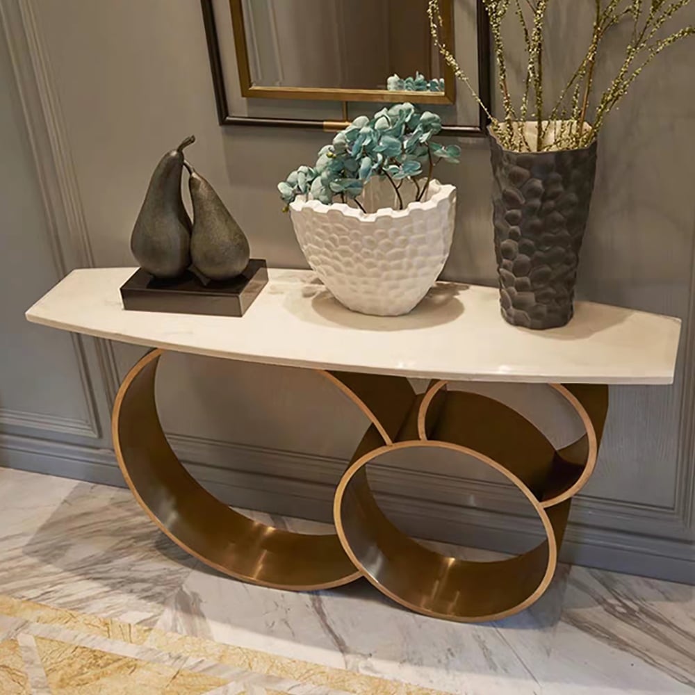 HMR - 57.1" Modern Narrow White Console Table Marble Top Round Stainless Steel Pedestal