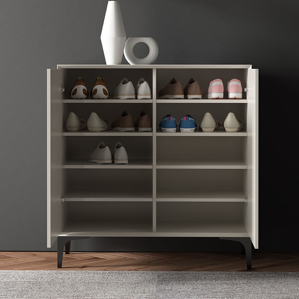 HMR - Nordic Minimalist Off White Wooden Shoe Cabinet with 2-Door 10-Shelf