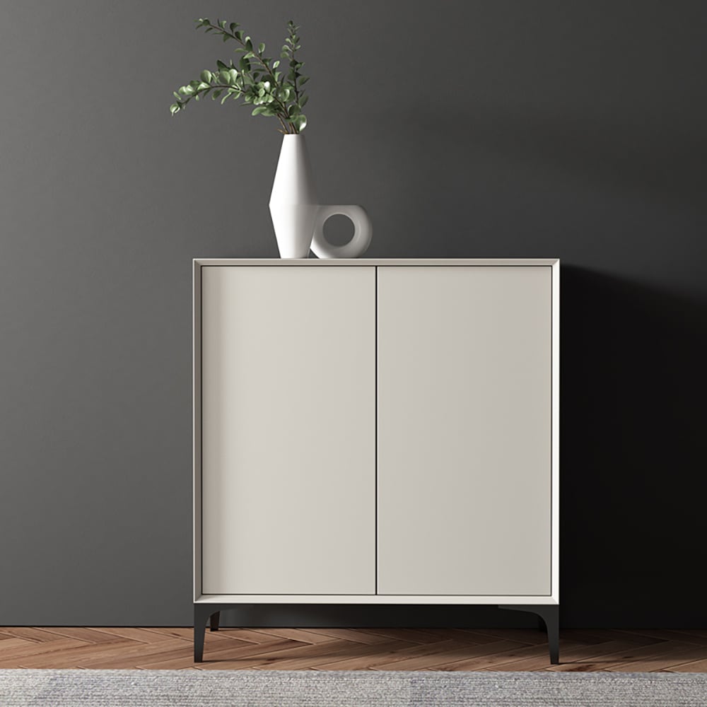 HMR - Nordic Minimalist Off White Wooden Shoe Cabinet with 2-Door 10-Shelf