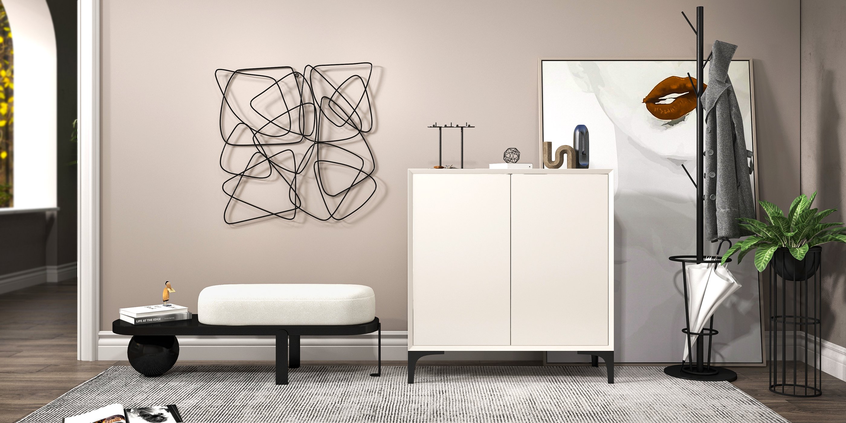 HMR - Nordic Minimalist Off White Wooden Shoe Cabinet with 2-Door 10-Shelf