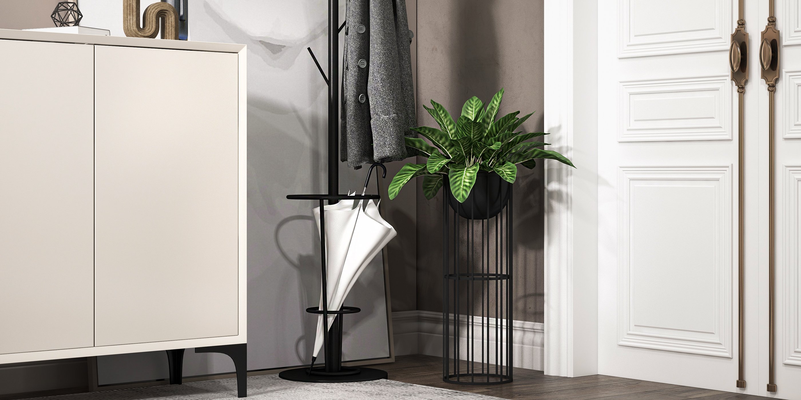 HMR - Nordic Minimalist Off White Wooden Shoe Cabinet with 2-Door 10-Shelf