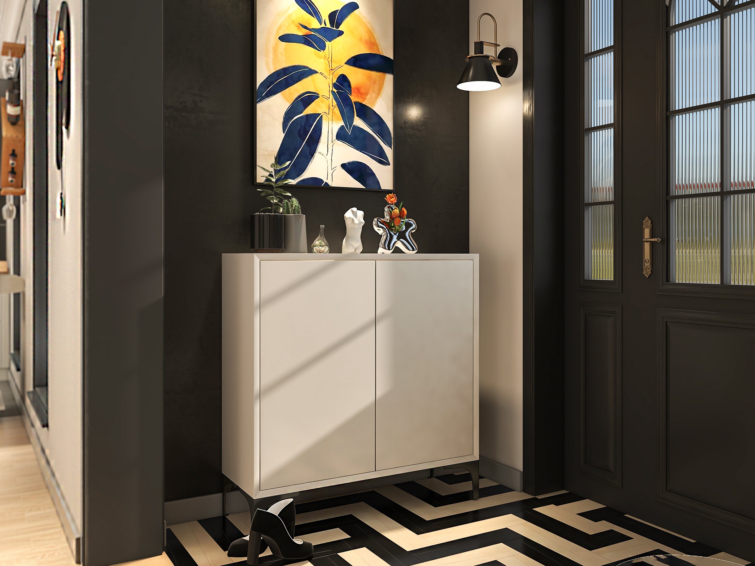 HMR - Nordic Minimalist Off White Wooden Shoe Cabinet with 2-Door 10-Shelf
