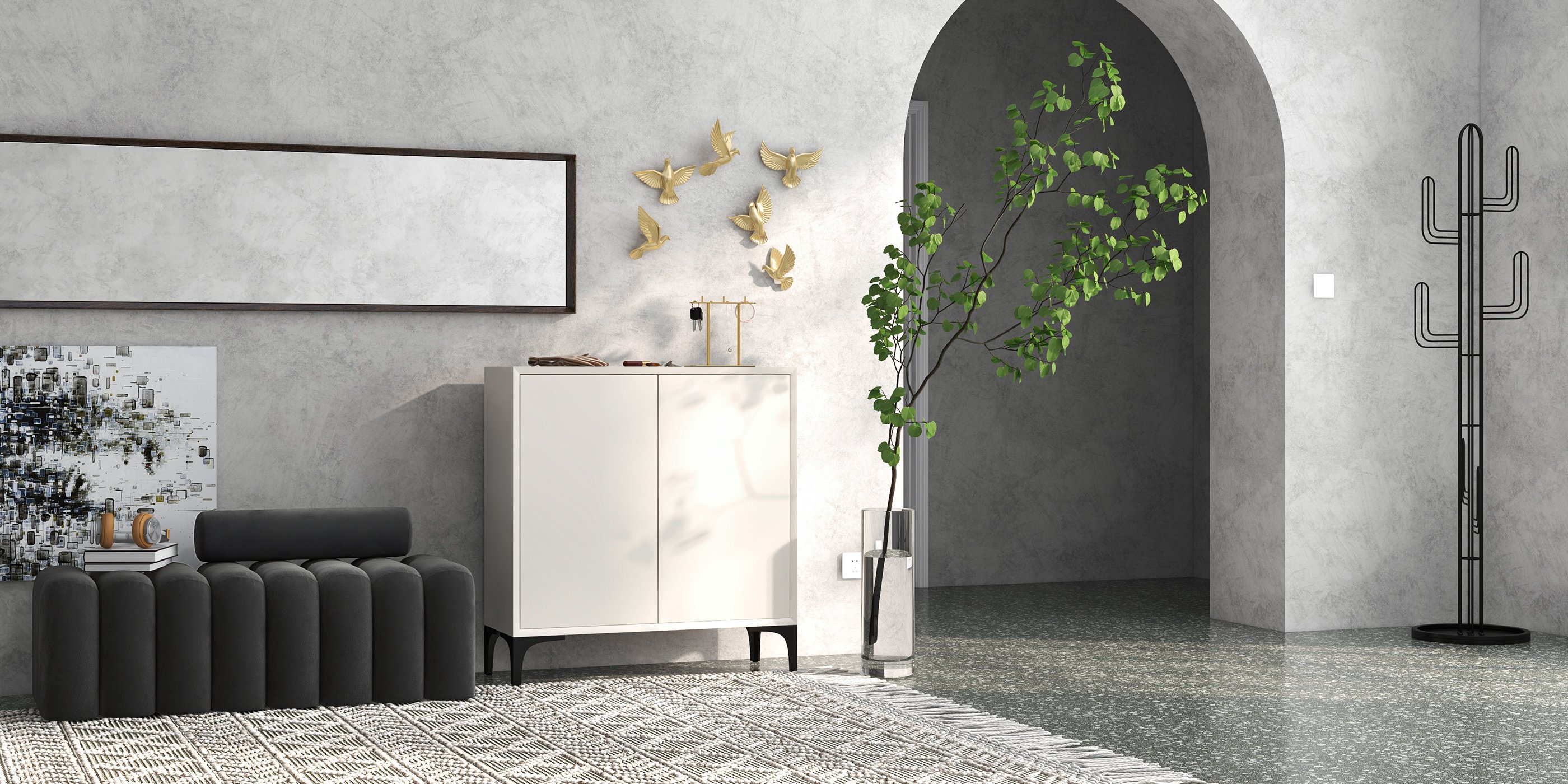 HMR - Nordic Minimalist Off White Wooden Shoe Cabinet with 2-Door 10-Shelf