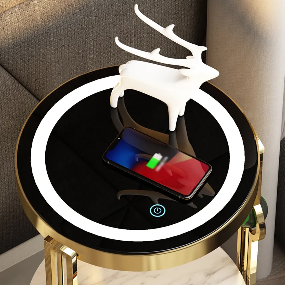 HMR Modern Nightstand with LED Light Bedside Table with Wireless Charging & USB Port - Gold & Black