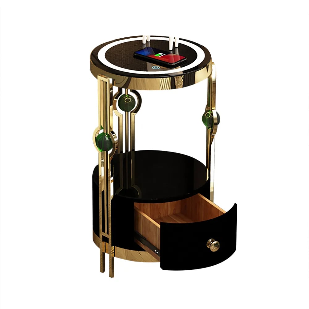 HMR Modern Nightstand with LED Light Bedside Table with Wireless Charging & USB Port - Gold & Black