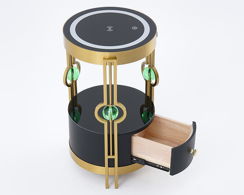 HMR Modern Nightstand with LED Light Bedside Table with Wireless Charging & USB Port - Gold & Black