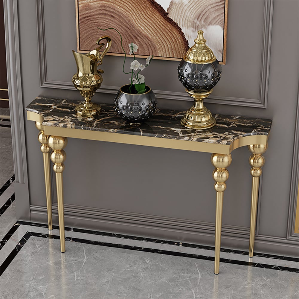 HMR - 47.2" Black Narrow Console Table Faux Marble Entryway Table Stainless Steel Legs