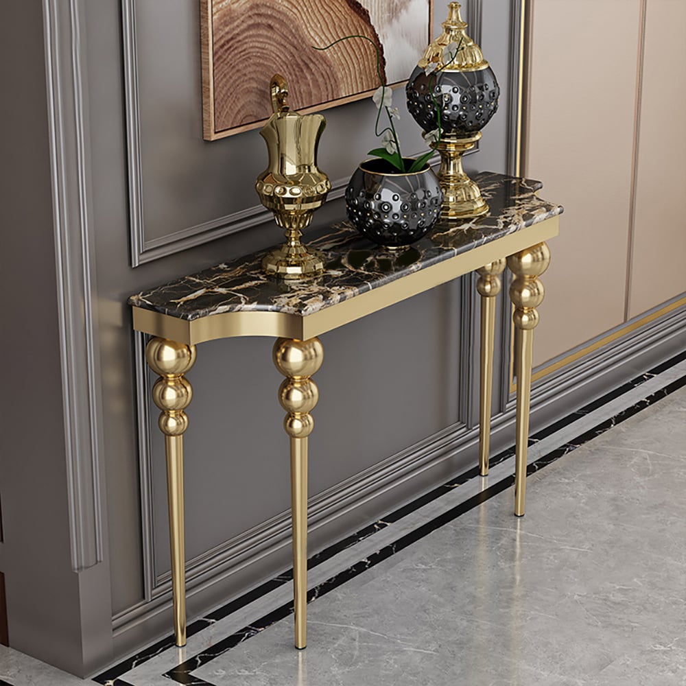HMR - 47.2" Black Narrow Console Table Faux Marble Entryway Table Stainless Steel Legs