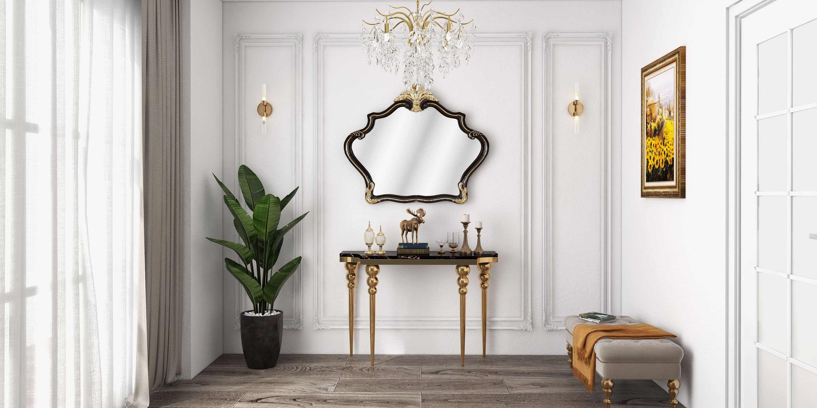 HMR - 47.2" Black Narrow Console Table Faux Marble Entryway Table Stainless Steel Legs
