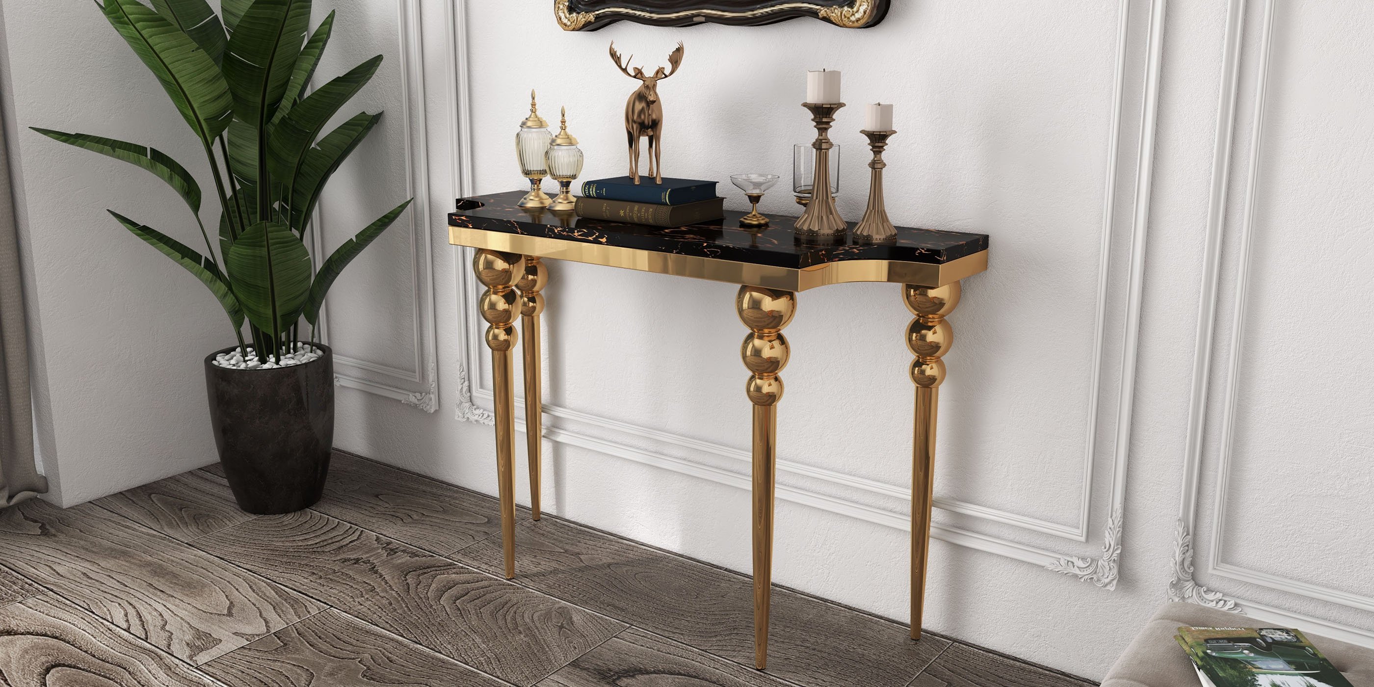 HMR - 47.2" Black Narrow Console Table Faux Marble Entryway Table Stainless Steel Legs