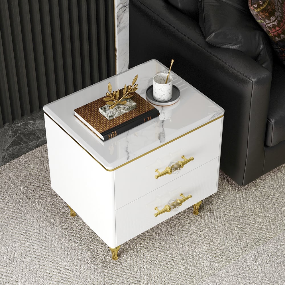 HMR - Chift Small Marble Top End Table Modern White Side Table with 2 Drawers Nightstand