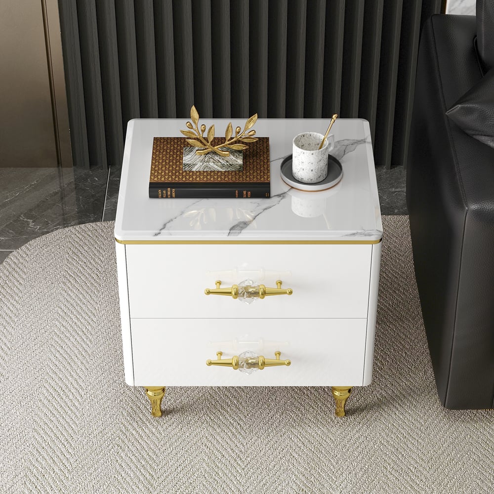 HMR - Chift Small Marble Top End Table Modern White Side Table with 2 Drawers Nightstand