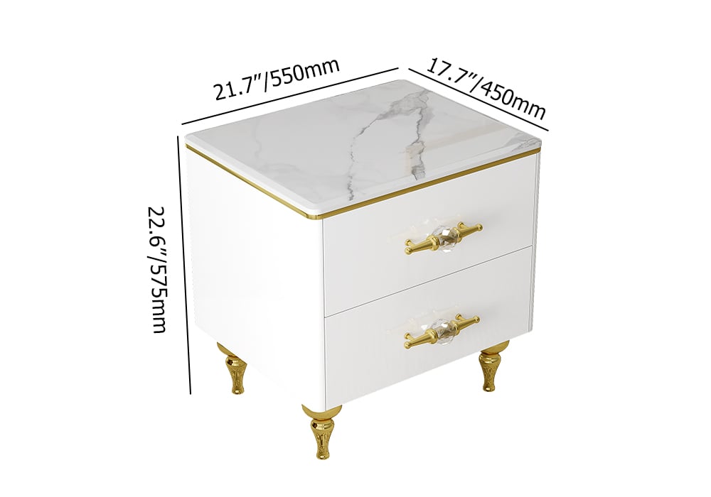 HMR - Chift Small Marble Top End Table Modern White Side Table with 2 Drawers Nightstand