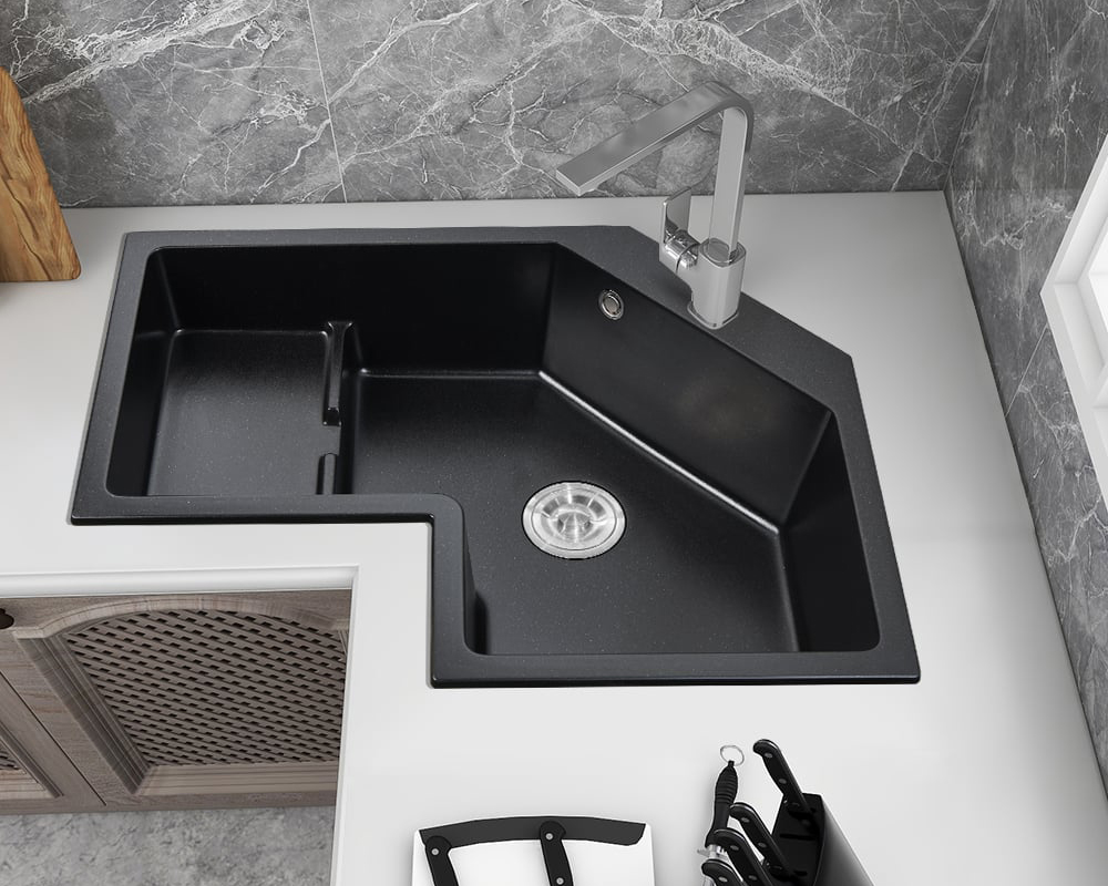 HMR 32" Modern Drop In Corner Kitchen Sink Single Bowl Quartz Irregular - Black, Left Corner