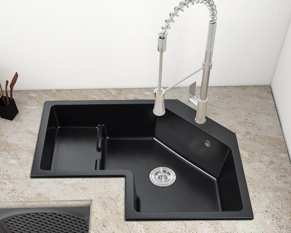 HMR 32" Modern Drop In Corner Kitchen Sink Single Bowl Quartz Irregular - Black, Left Corner