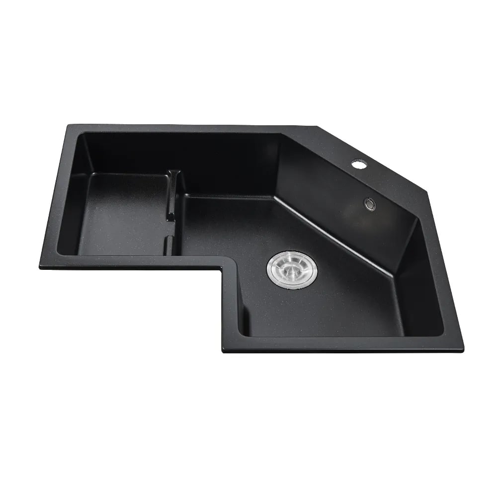 HMR 32" Modern Drop In Corner Kitchen Sink Single Bowl Quartz Irregular - Black, Left Corner