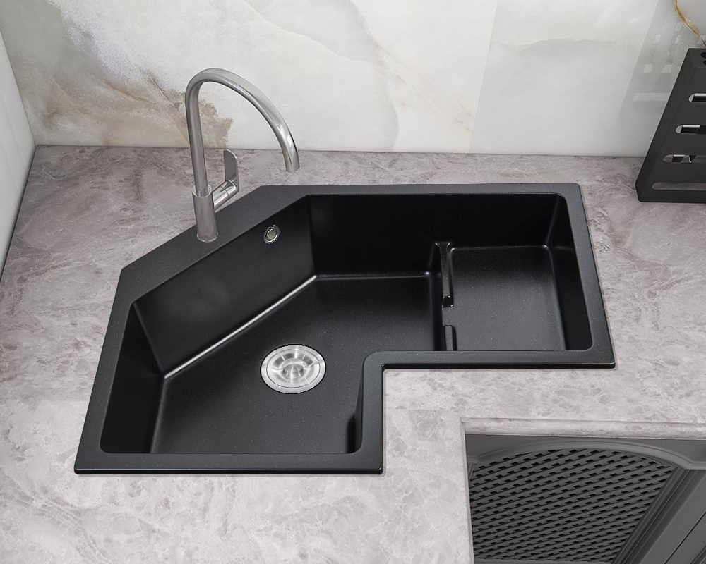 HMR - 32" Modern Drop In Corner Kitchen Sink Single Bowl Quartz Irregular