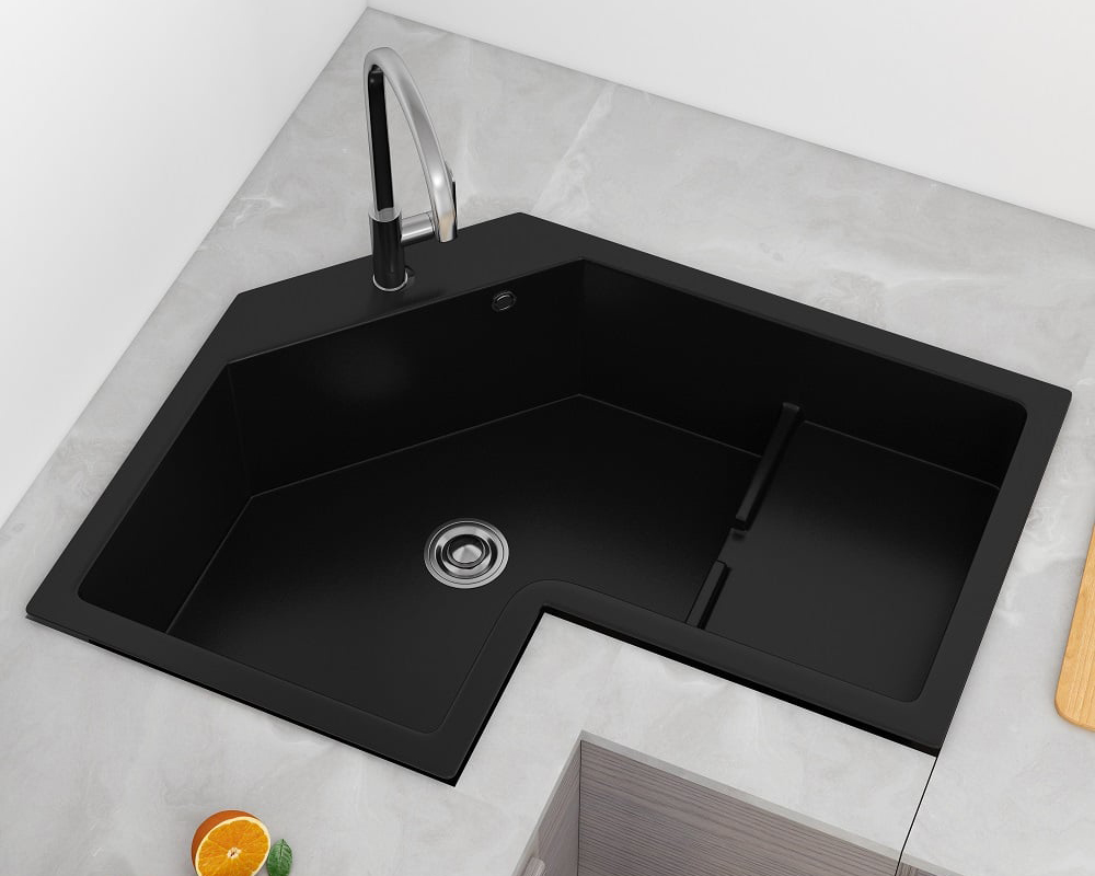HMR - 32" Modern Drop In Corner Kitchen Sink Single Bowl Quartz Irregular