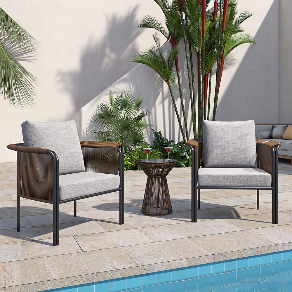 HMR - 3-Pieces Modern Coffee Rattan Outdoor Sofa Set with Glass Top Coffee Table and Gray Cushion