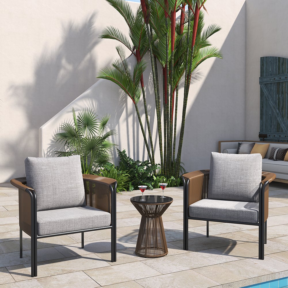 HMR - 3-Pieces Modern Coffee Rattan Outdoor Sofa Set with Glass Top Coffee Table and Gray Cushion