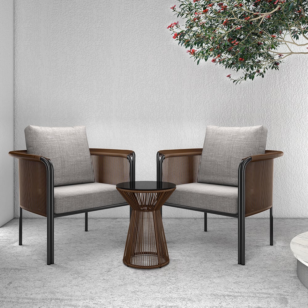 HMR - 3-Pieces Modern Coffee Rattan Outdoor Sofa Set with Glass Top Coffee Table and Gray Cushion