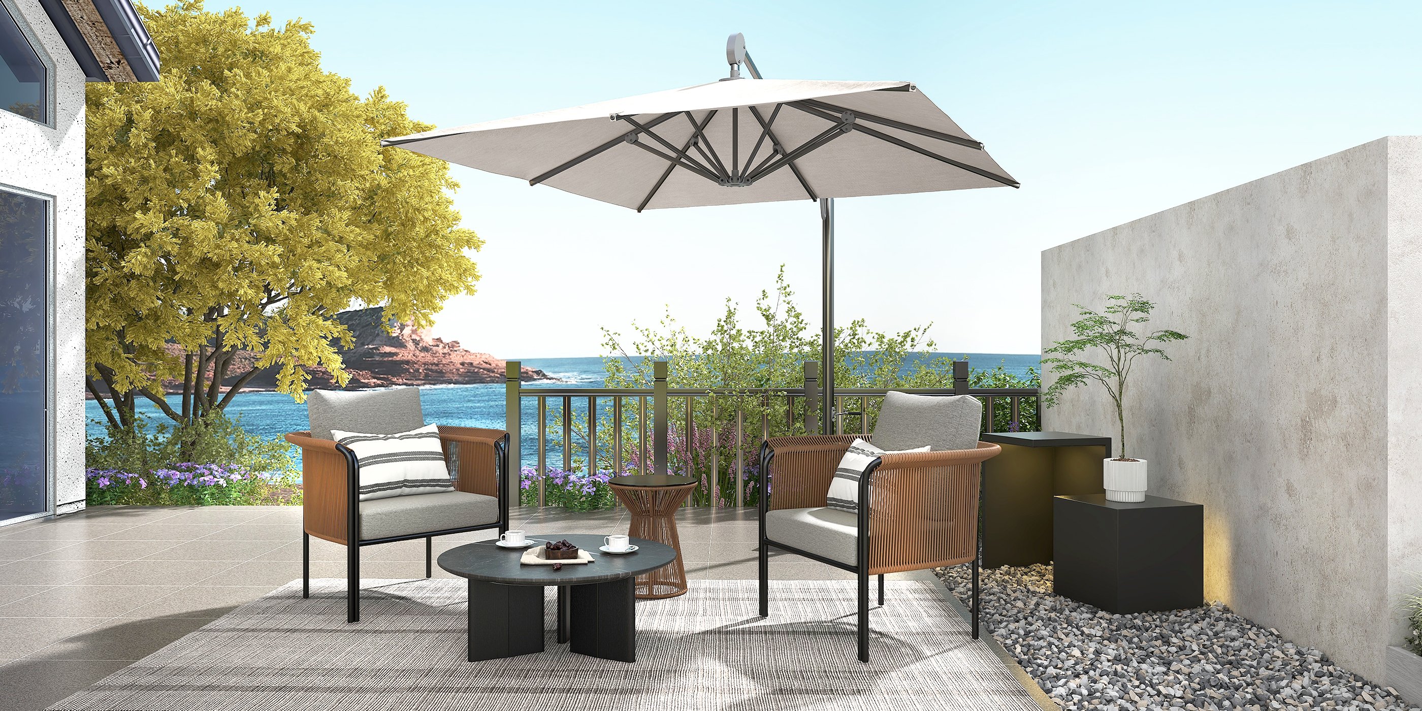 HMR - 3-Pieces Modern Coffee Rattan Outdoor Sofa Set with Glass Top Coffee Table and Gray Cushion
