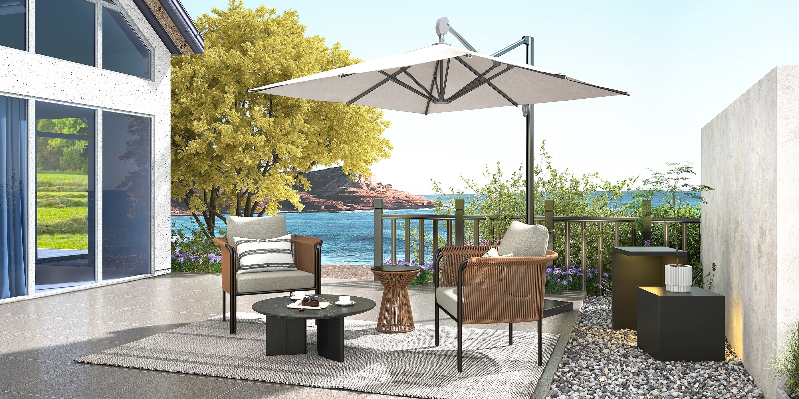 HMR - 3-Pieces Modern Coffee Rattan Outdoor Sofa Set with Glass Top Coffee Table and Gray Cushion