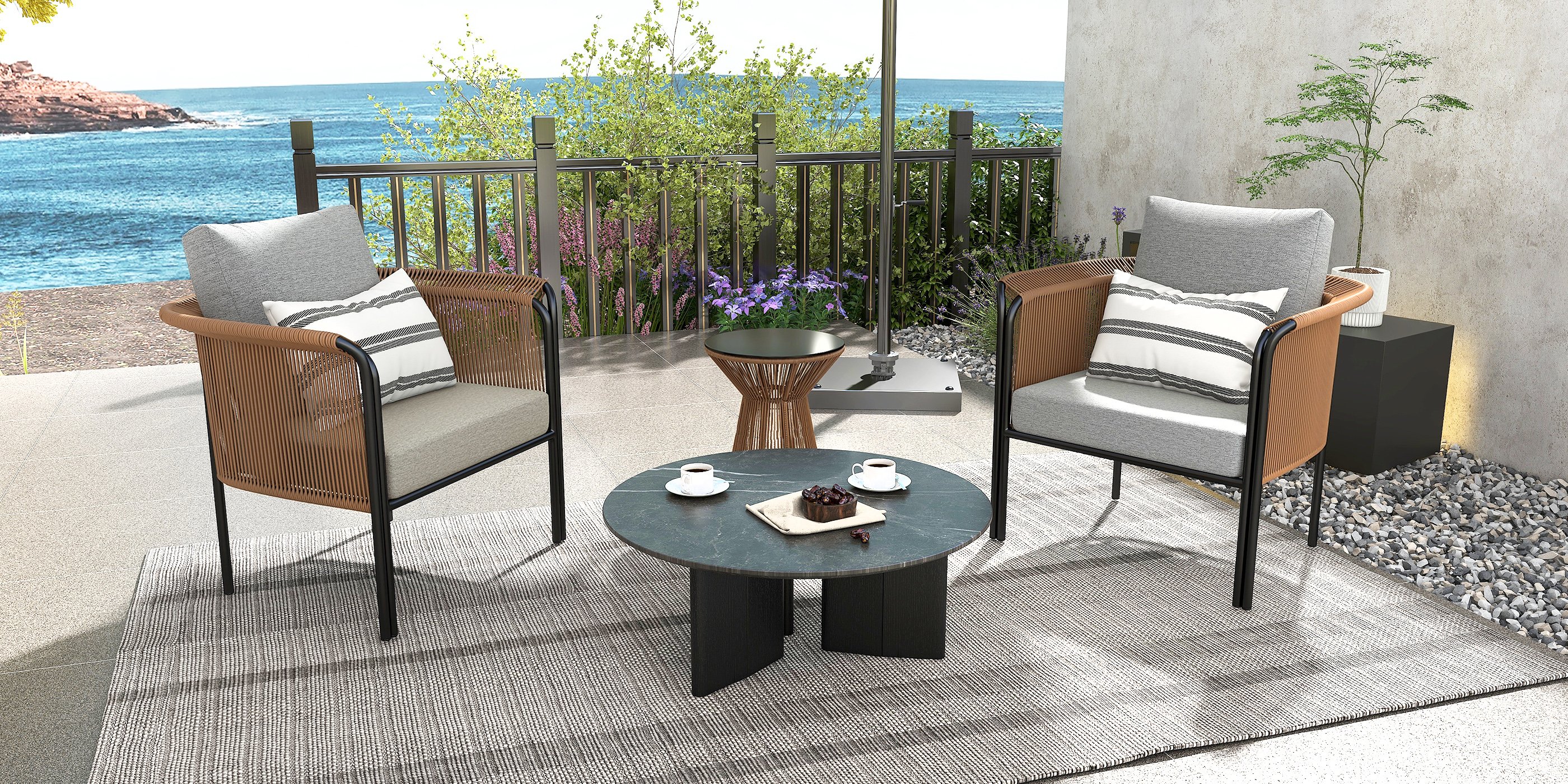 HMR - 3-Pieces Modern Coffee Rattan Outdoor Sofa Set with Glass Top Coffee Table and Gray Cushion