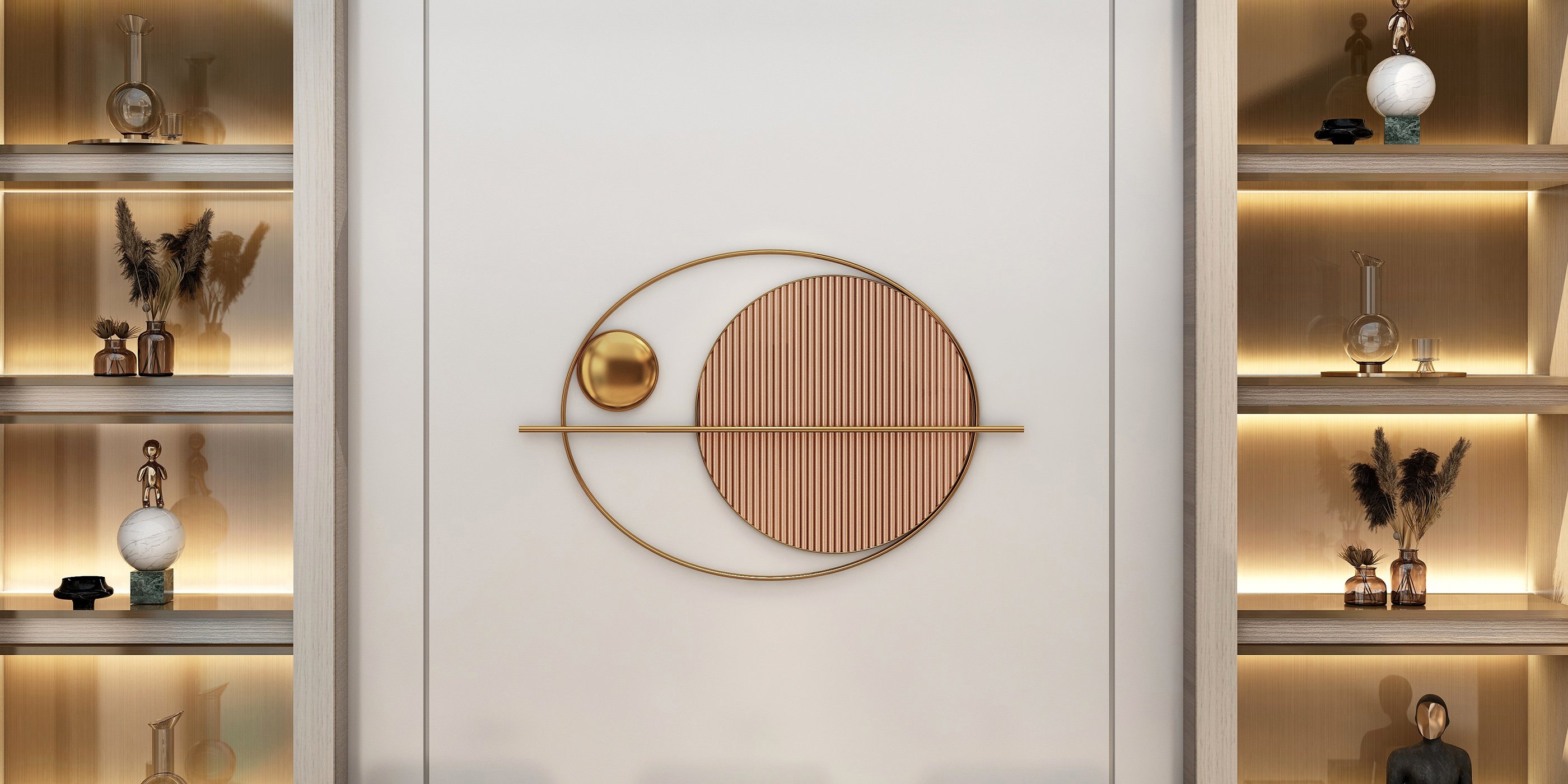 HMR - Modern Oval Geometric Metal Wall Decor Art Brown Metal Hanging Accents For Living Room